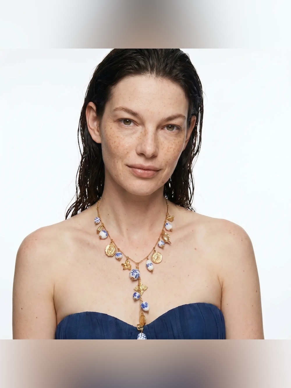 Blue & White Porcelain Charm Necklace – Gold Plated Statement Necklace - Picture 4 of 9